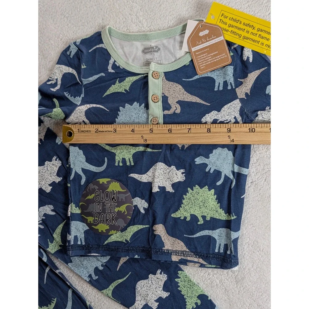 Mud Pie Toddler Boys Glow in the Dark Dinosaur Bamboo Henley Pajama Set 24M/2T